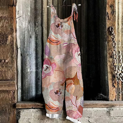 Vintage Abstract Floral Art Linen Blend Loose Casual Jumpsuit