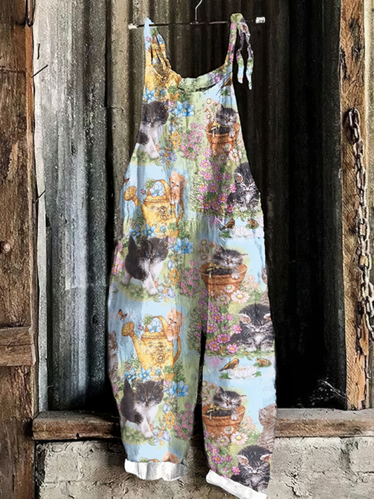 Vintage Summer Kitten Garden Art Graphic Casual Loose Jumpsuit