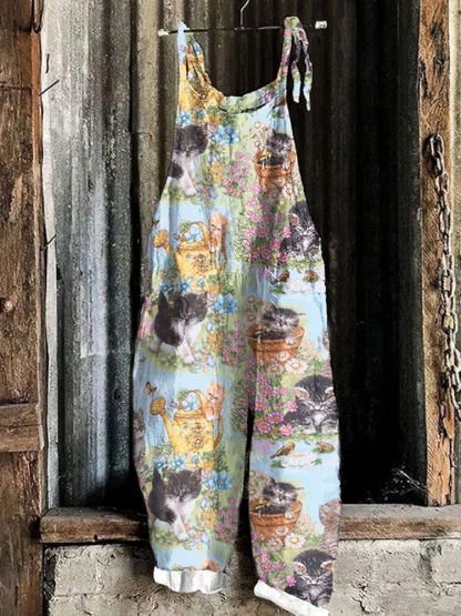 Vintage Summer Kitten Garden Art Graphic Casual Loose Jumpsuit