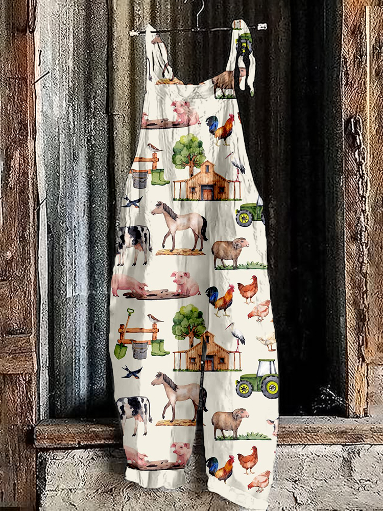 Watercolor Allover Farm Animals Linen Blend Jumpsuit