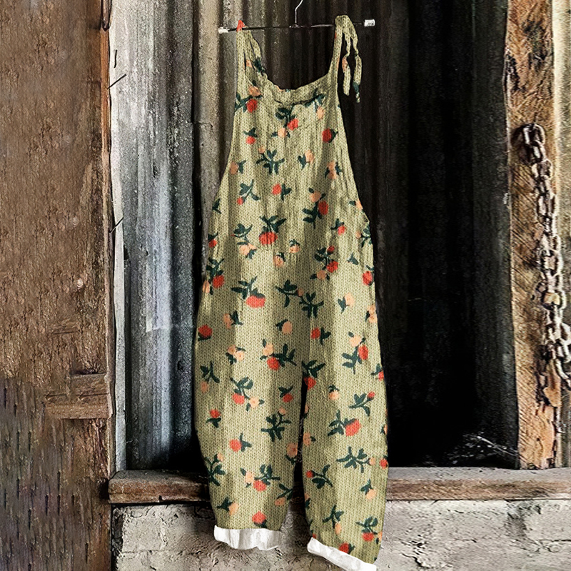 Vintage Cherry Linen Blend Loose Casual Jumpsuit