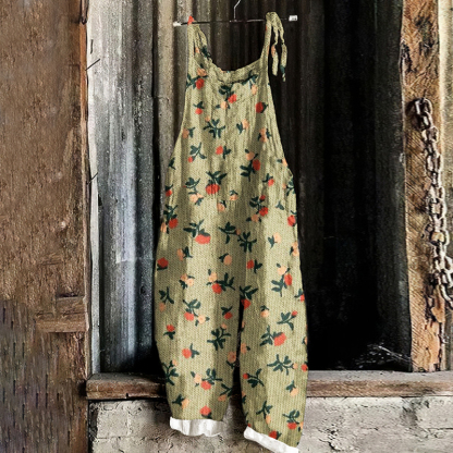 Vintage Cherry Linen Blend Loose Casual Jumpsuit