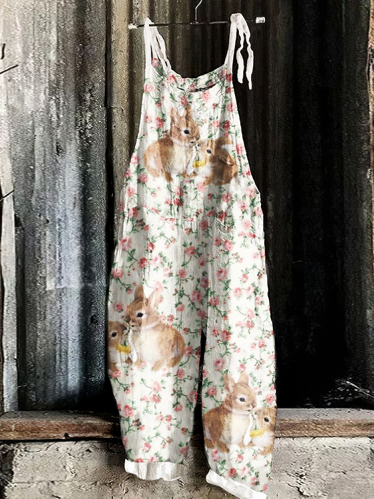 Vintage Floral Rabbit Linen Blend Loose Casual Jumpsuit