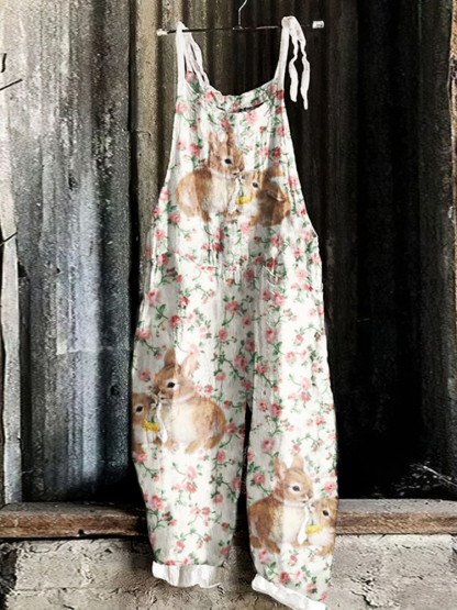 Vintage Floral Rabbit Linen Blend Loose Casual Jumpsuit