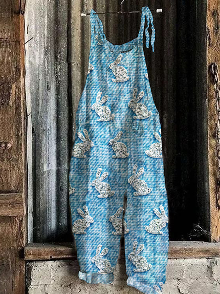 Diamond Bunny Farm Animal Print Linen Blend Casual Jumpsuit