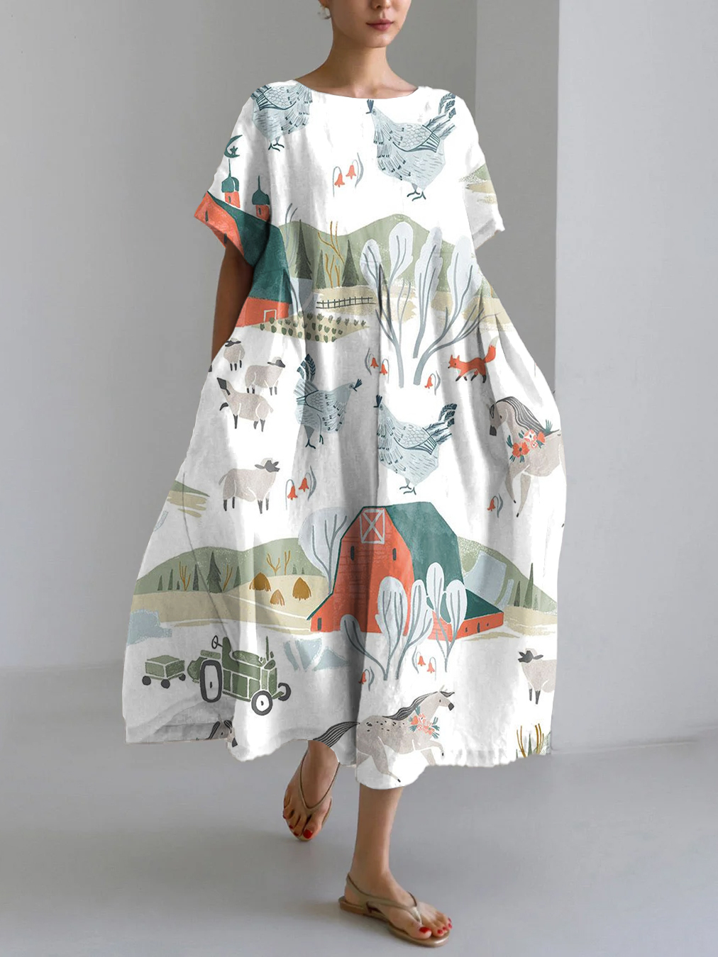 Vintage Farm Print Linen Blend Maxi Dress