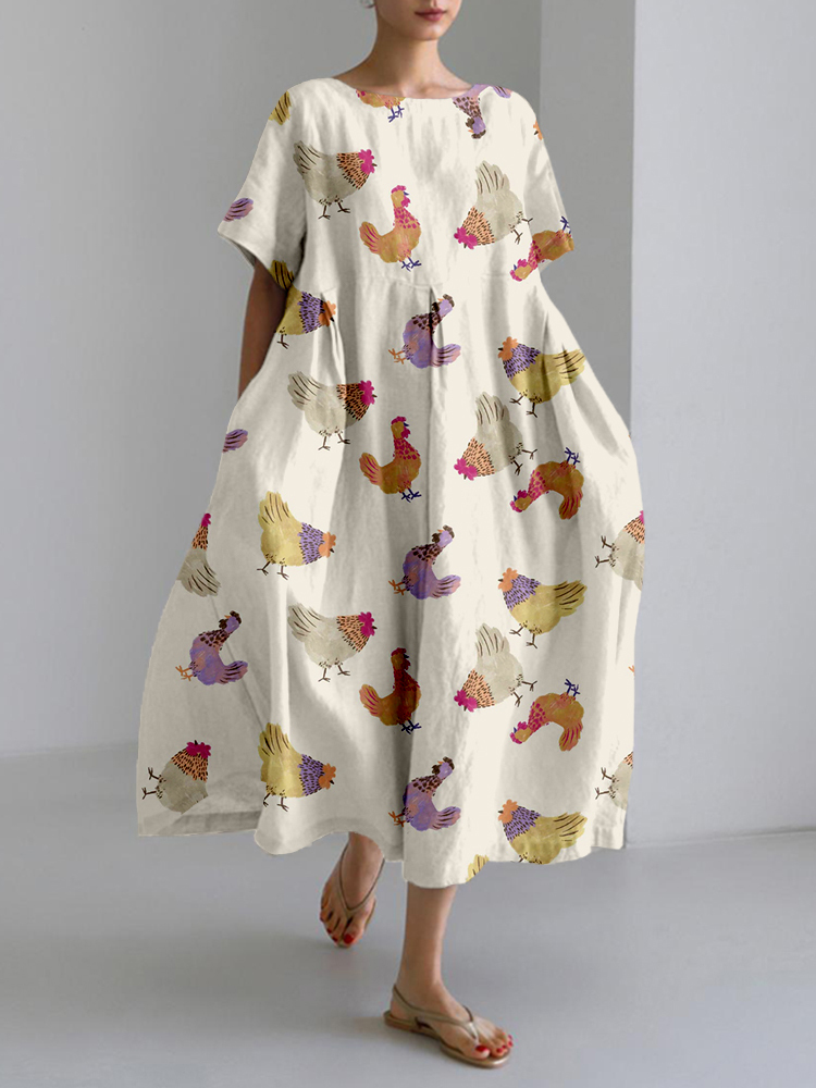 Farm Chickens Pattern Linen Blend Maxi Dress