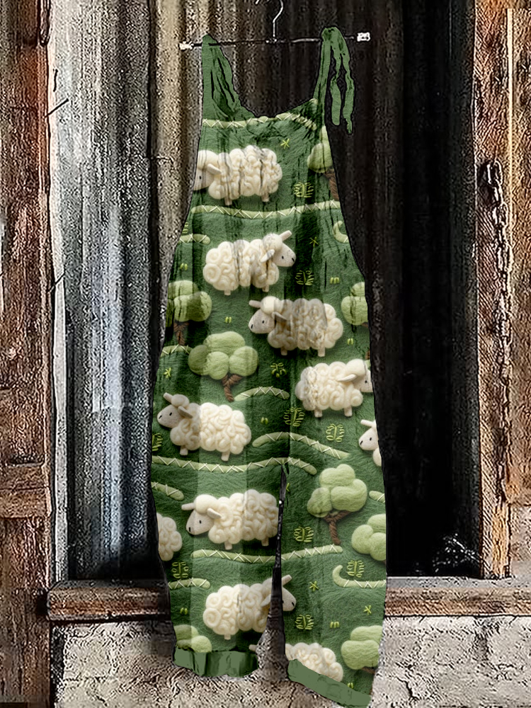 Sheep on Meadow Felt Art Comfy Jumpsuit