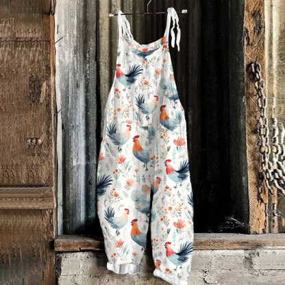 Farm Rooster Flower Print Casual Loose Jumpsuit