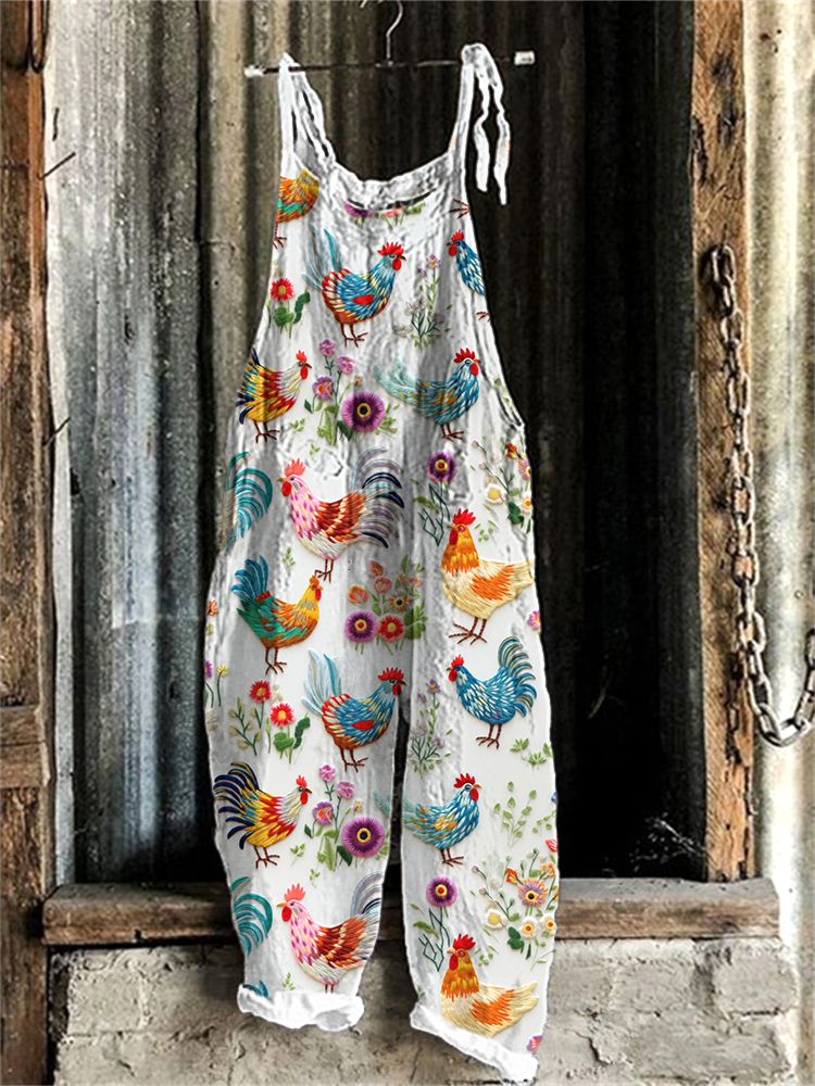 Farm Chicken And Floral Embroidery Pattern Linen Blend Jumpsuit