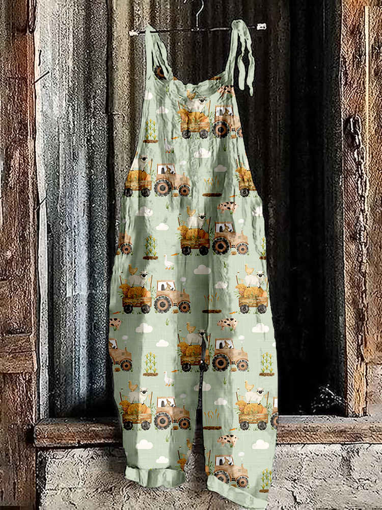 Tractor Farm Animals Pattern Linen Blend Cozy Jumpsuit