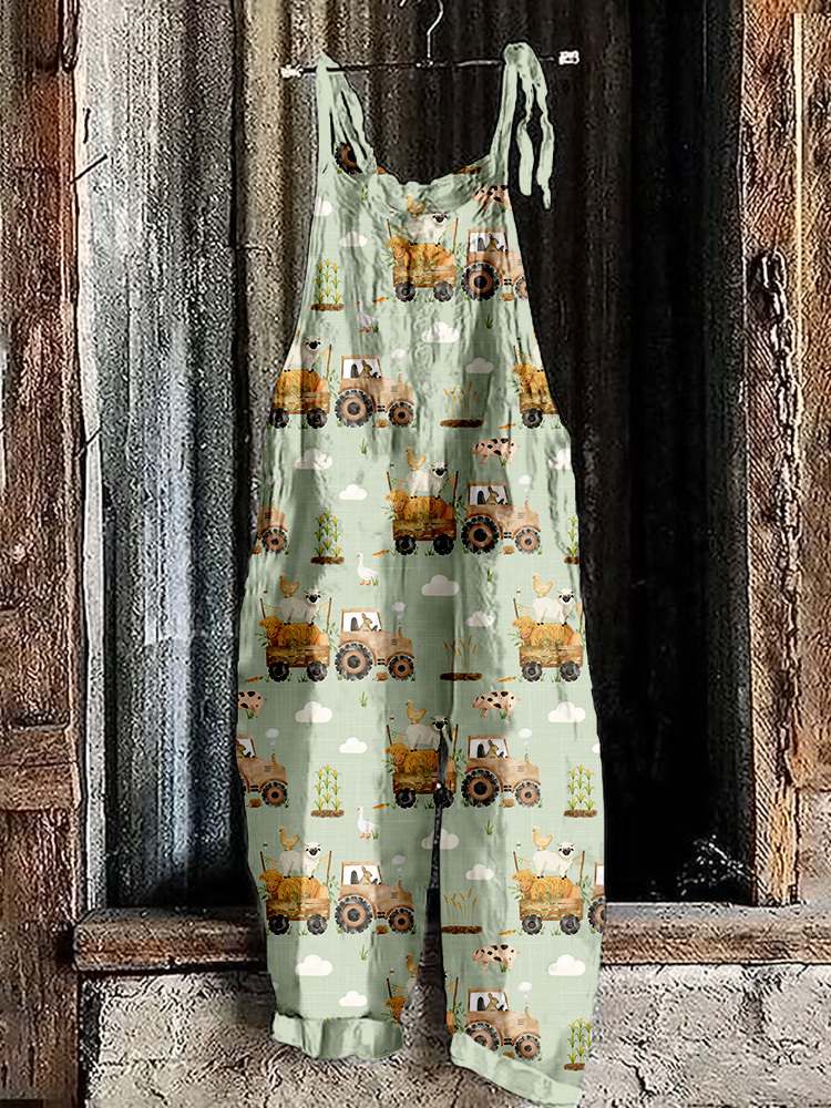 Tractor Farm Animals Pattern Linen Blend Cozy Jumpsuit
