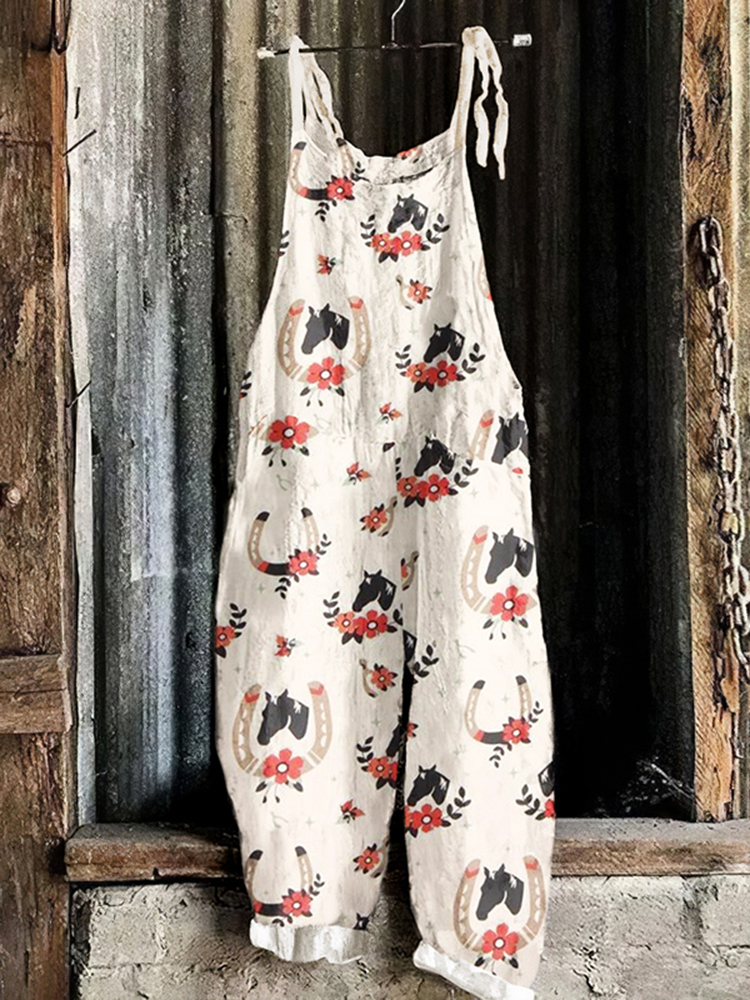 Vintage Farm Horse Linen Blend Loose Casual Jumpsuit