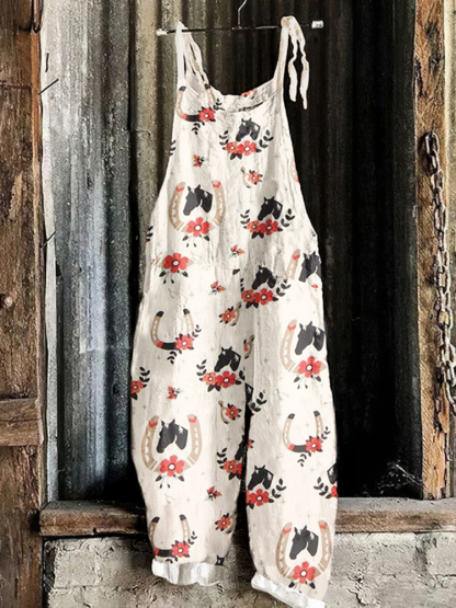 Vintage Farm Horse Linen Blend Loose Casual Jumpsuit