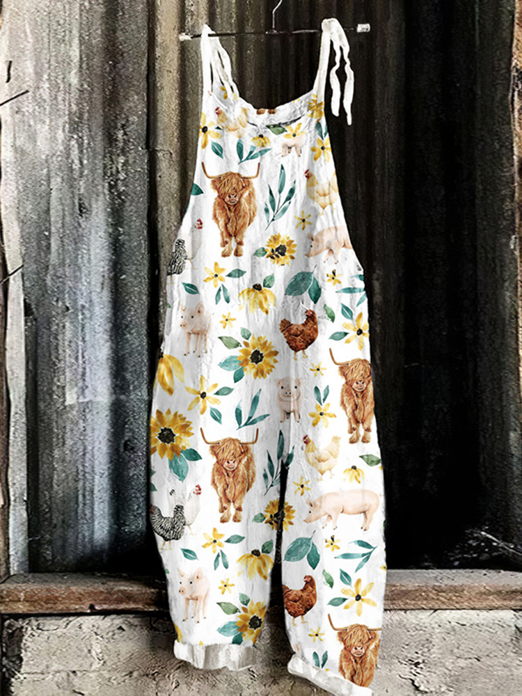 Farm Animals & Flowers Print Casual Jumpsuit