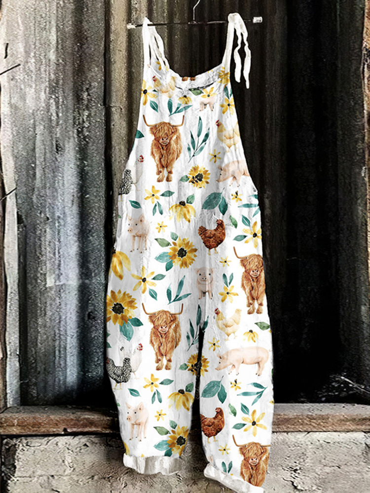 Farm Animals & Flowers Print Casual Jumpsuit