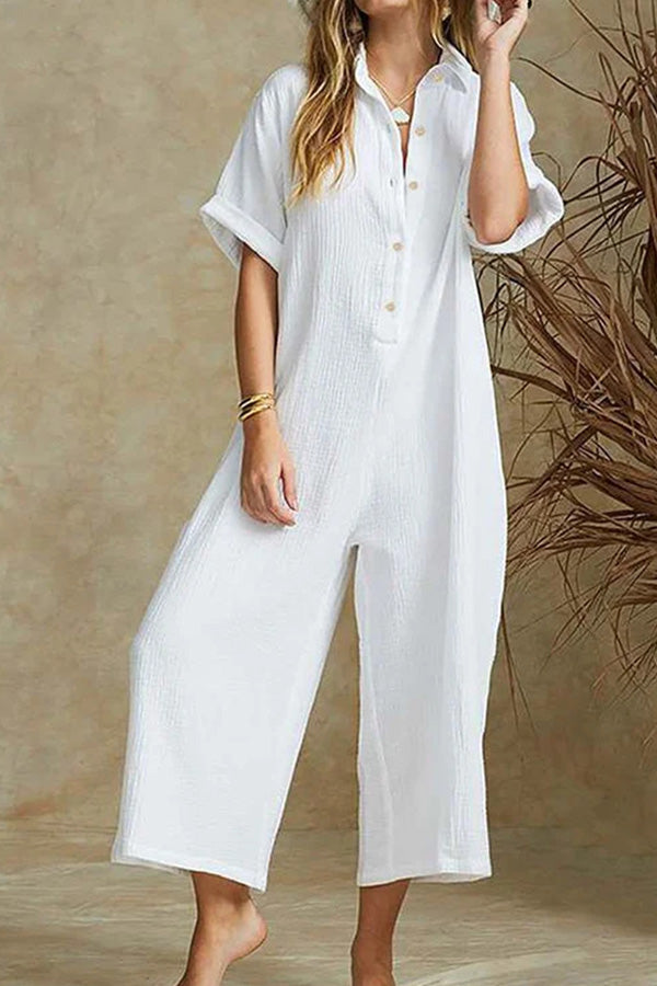 100% cotton women jumpsuit solid buttons loose romper wide leg pants plus size