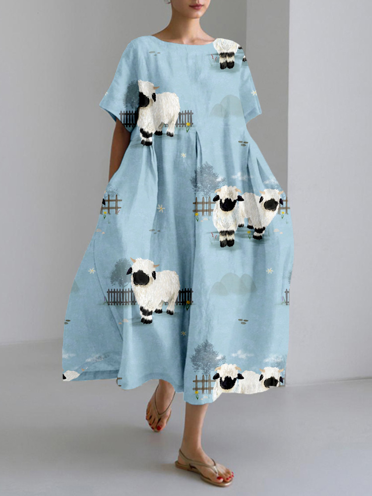Cute Blacknose Sheep Linen Blend Cozy Maxi Dress