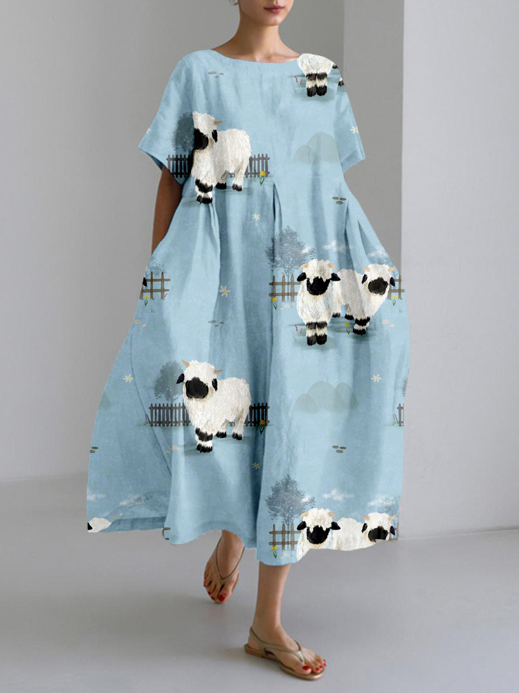 Cute Blacknose Sheep Linen Blend Cozy Maxi Dress