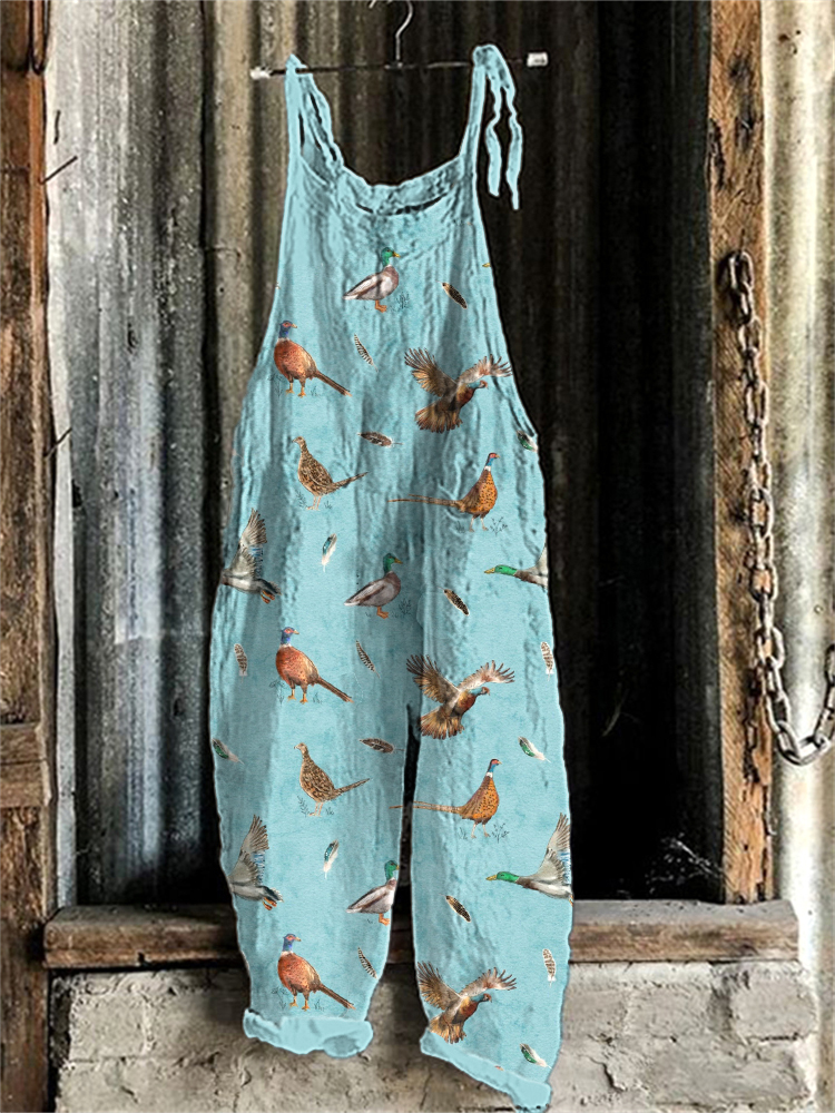 Birds & Farm Animals Print Linen Blend Jumpsuit