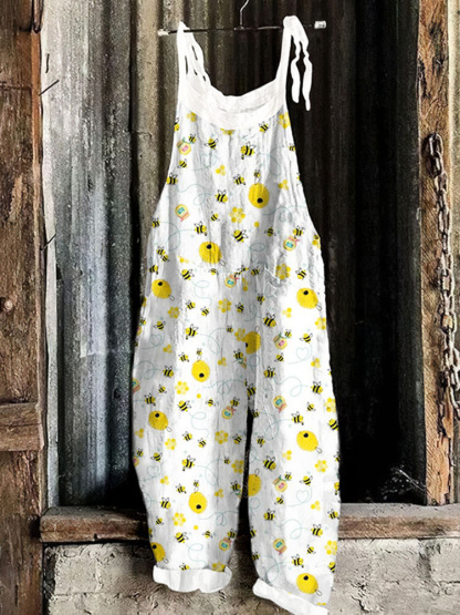 Flying Bees Honey Embroidery Pattern Casual Jumpsuit