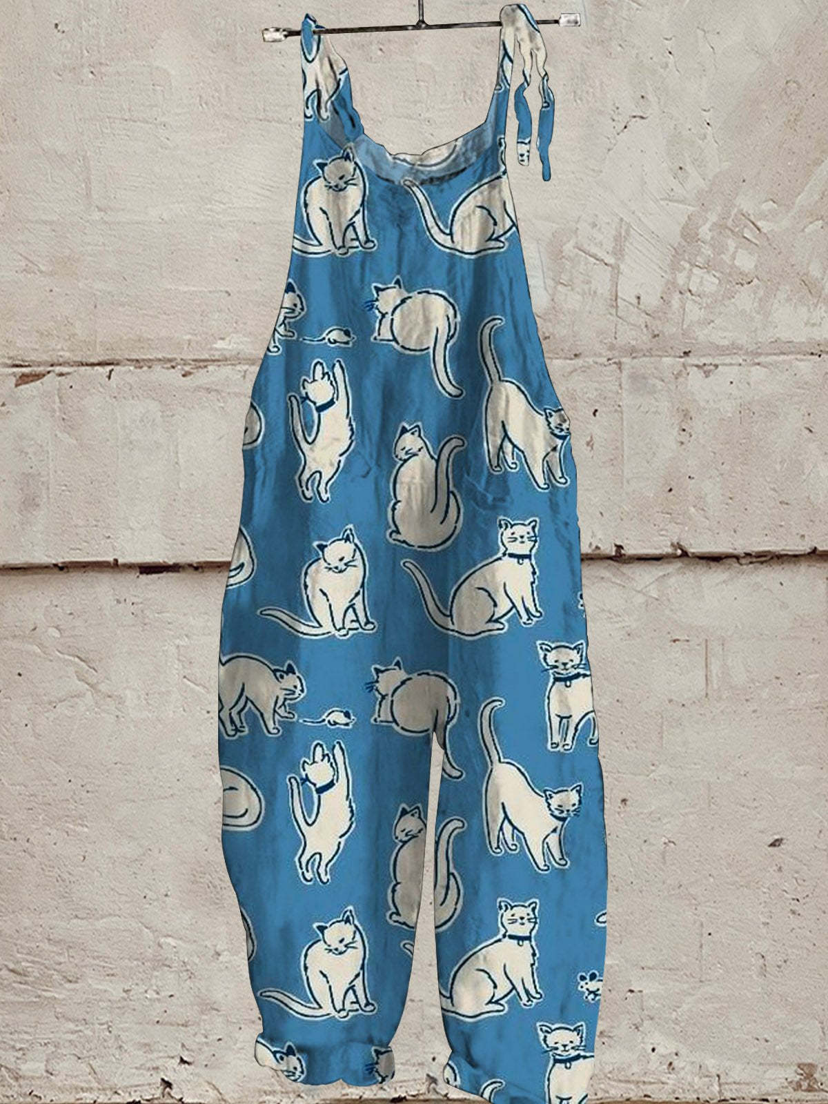 Women's Lovely Cats Art Print Casual 100% Cotton Wide Leg Jumpsuit