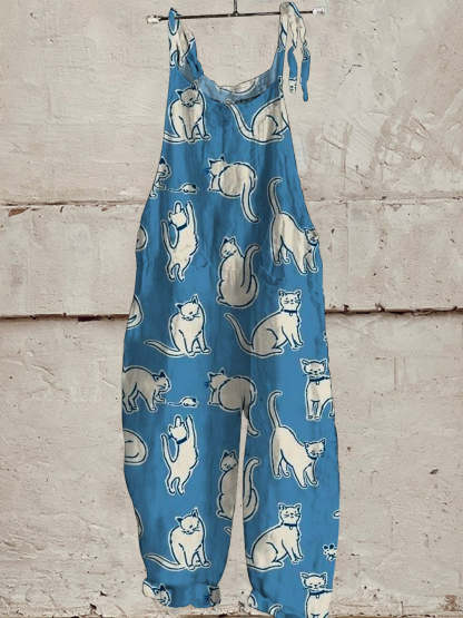Women's Lovely Cats Art Print Casual 100% Cotton Wide Leg Jumpsuit