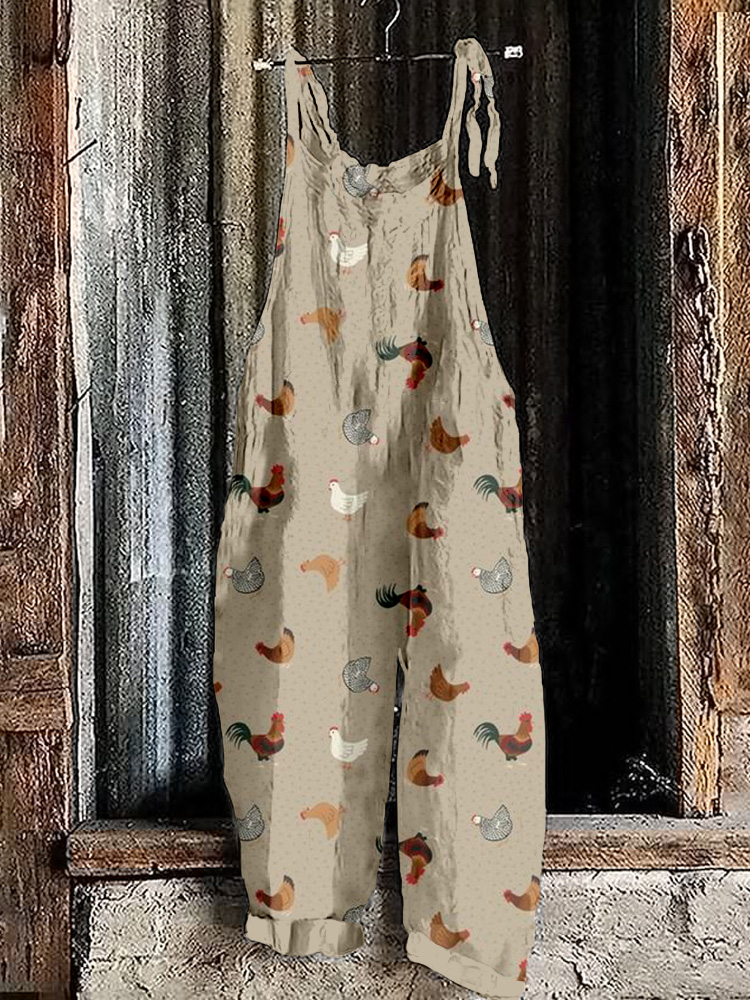 Homestead Chickens Pattern Linen Blend Comfy Jumpsuit