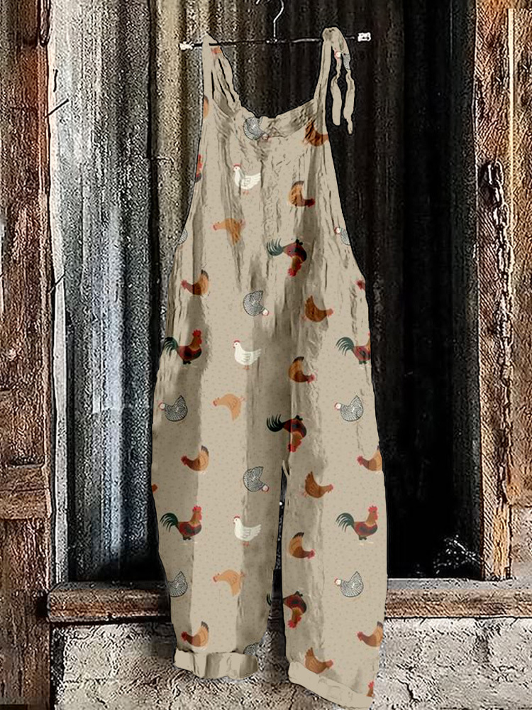 Homestead Chickens Pattern Linen Blend Comfy Jumpsuit