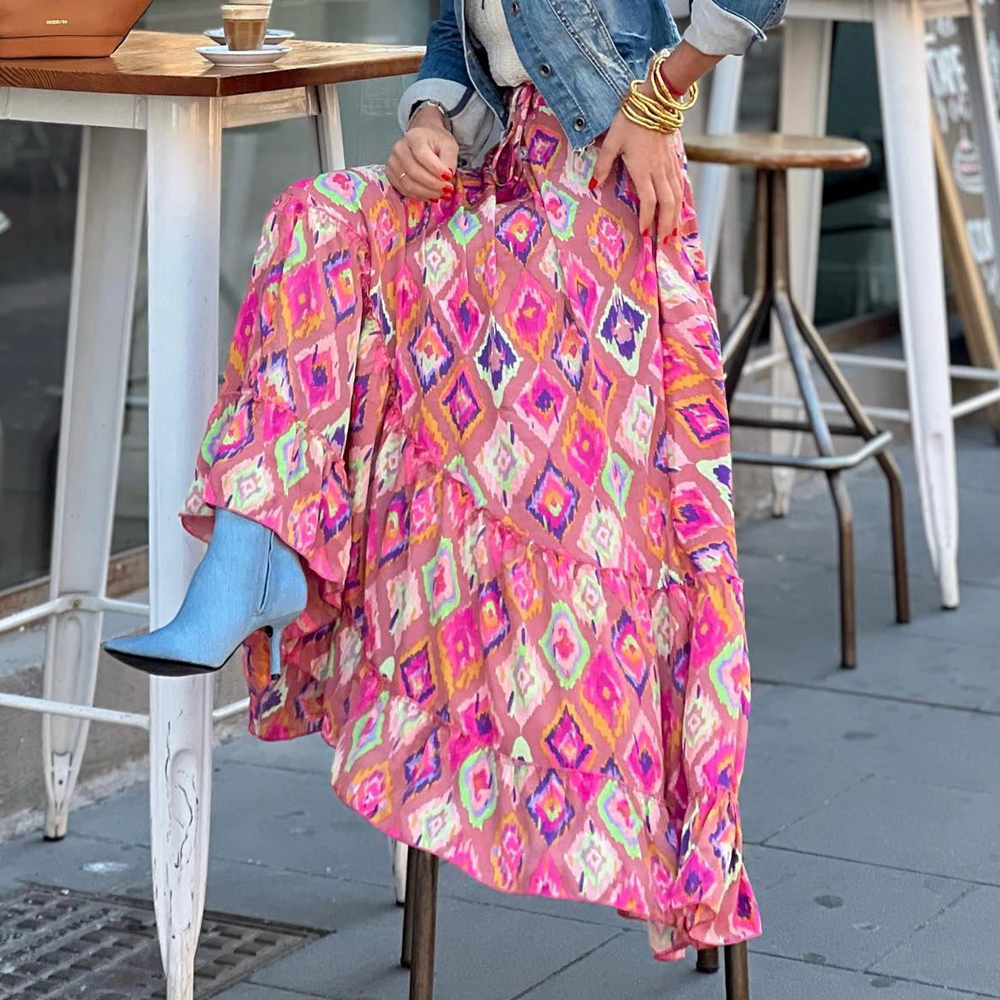 Women Bohemian Floral Print A-line Casual High Waist Skirt