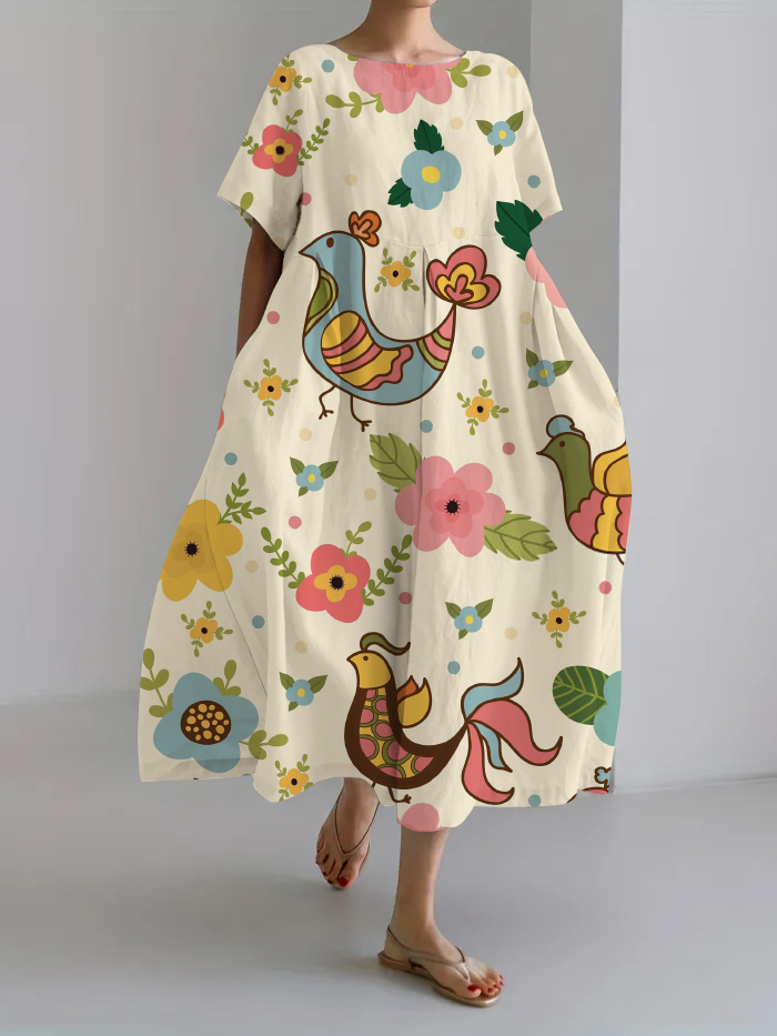 Women Japanese Art Animal Pattern Linen Blend Maxi Dress