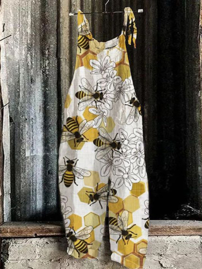 Women's Vintage Bee Print Loose Casual Jumpsuit
