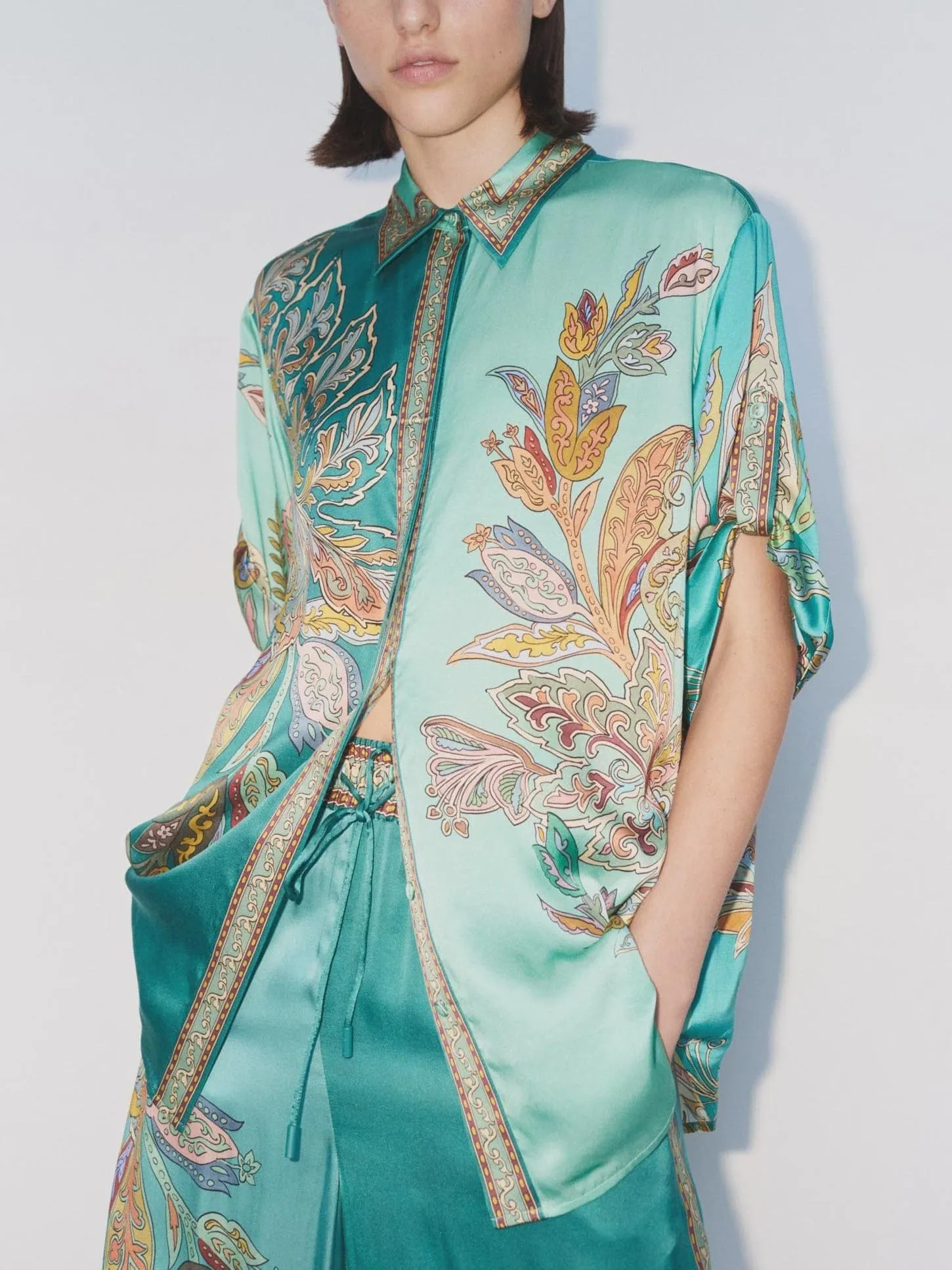 Exquisite Satin Unique Plant Flower Print Loose Wide-Leg Pants