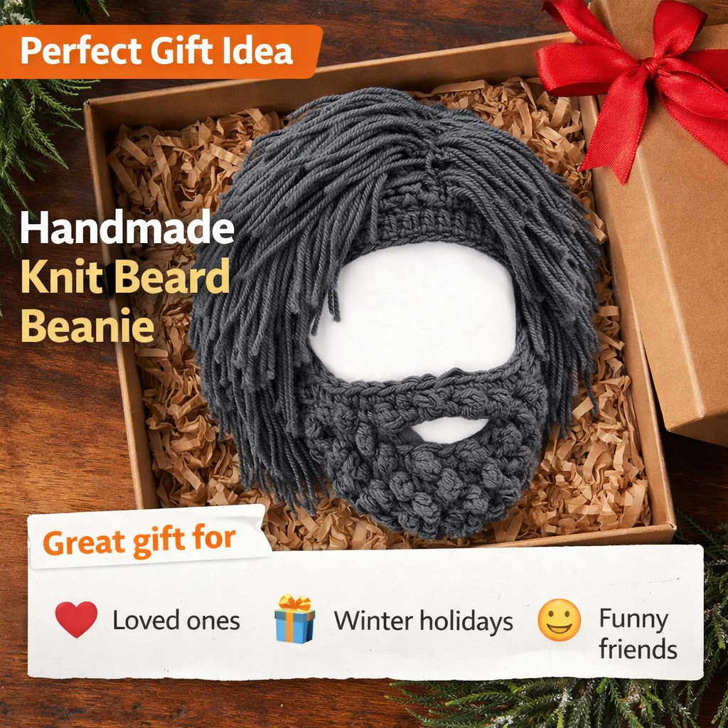 Handmade Punk Style Beanie with Attached Straight Hair Wig and Knitted Beard – Funny Winter Hat with Hair & Beard for Men | 🎁Buy 2 Get Free Shipping