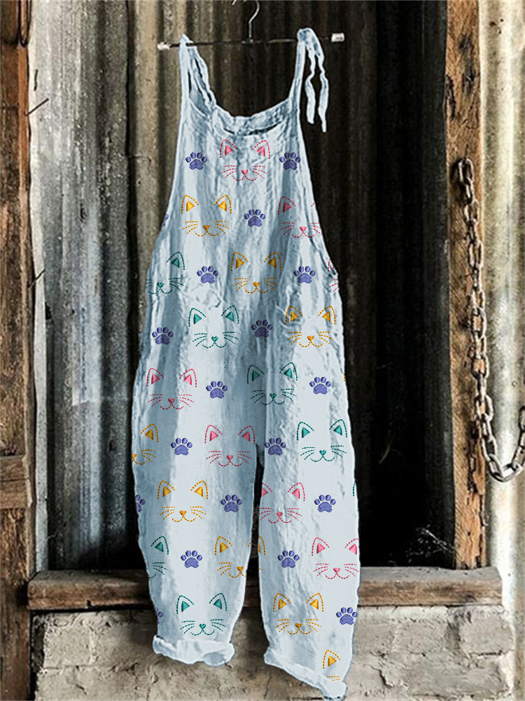 Cute Cat Embroidery Pattern Linen Blend Casual Jumpsuit