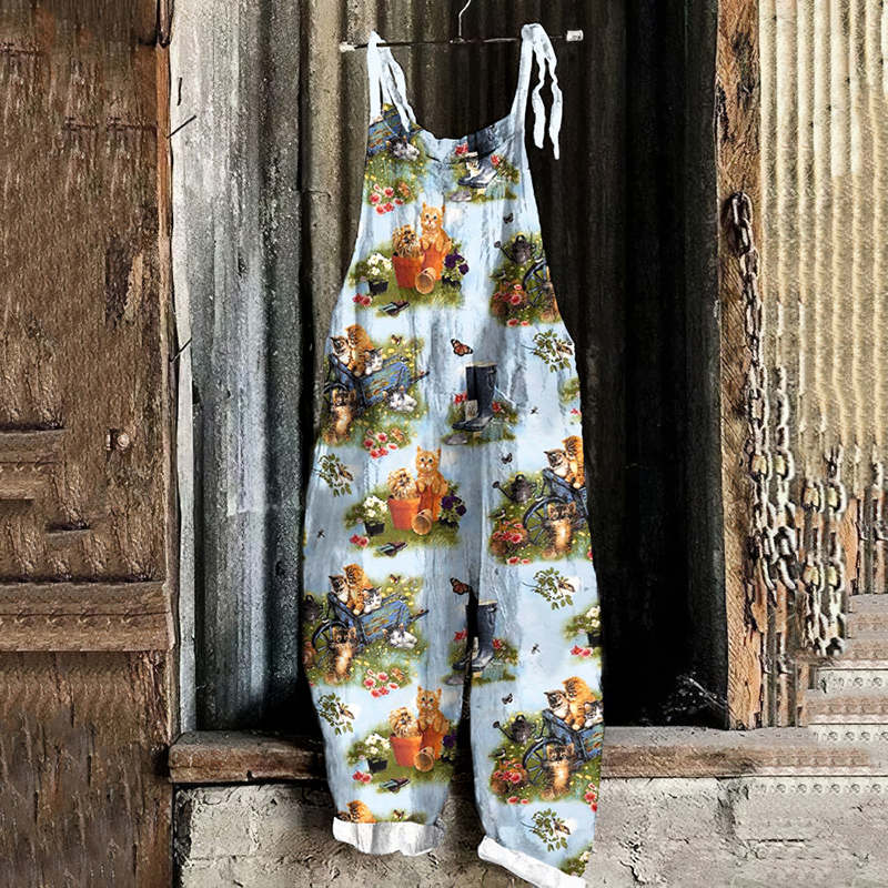 Cozy Kitten Garden Graphic Casual Loose Jumpsuit