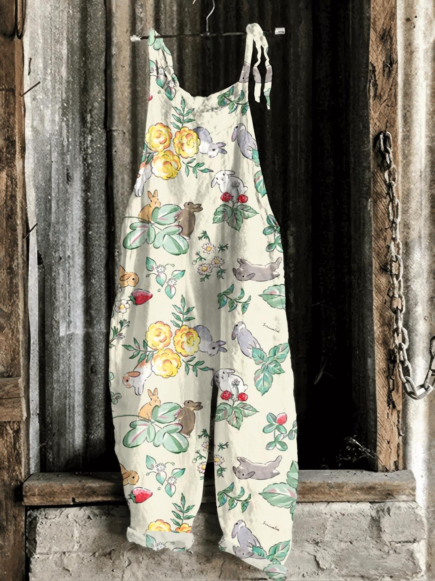 Vintage Bunny Pattern Casual Jumpsuit