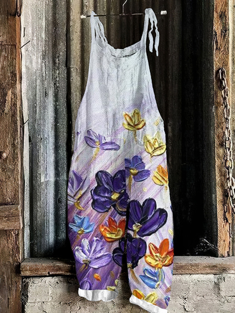 Vintage Purple Summer Floral Art Linen Blend Loose Casual Jumpsuit
