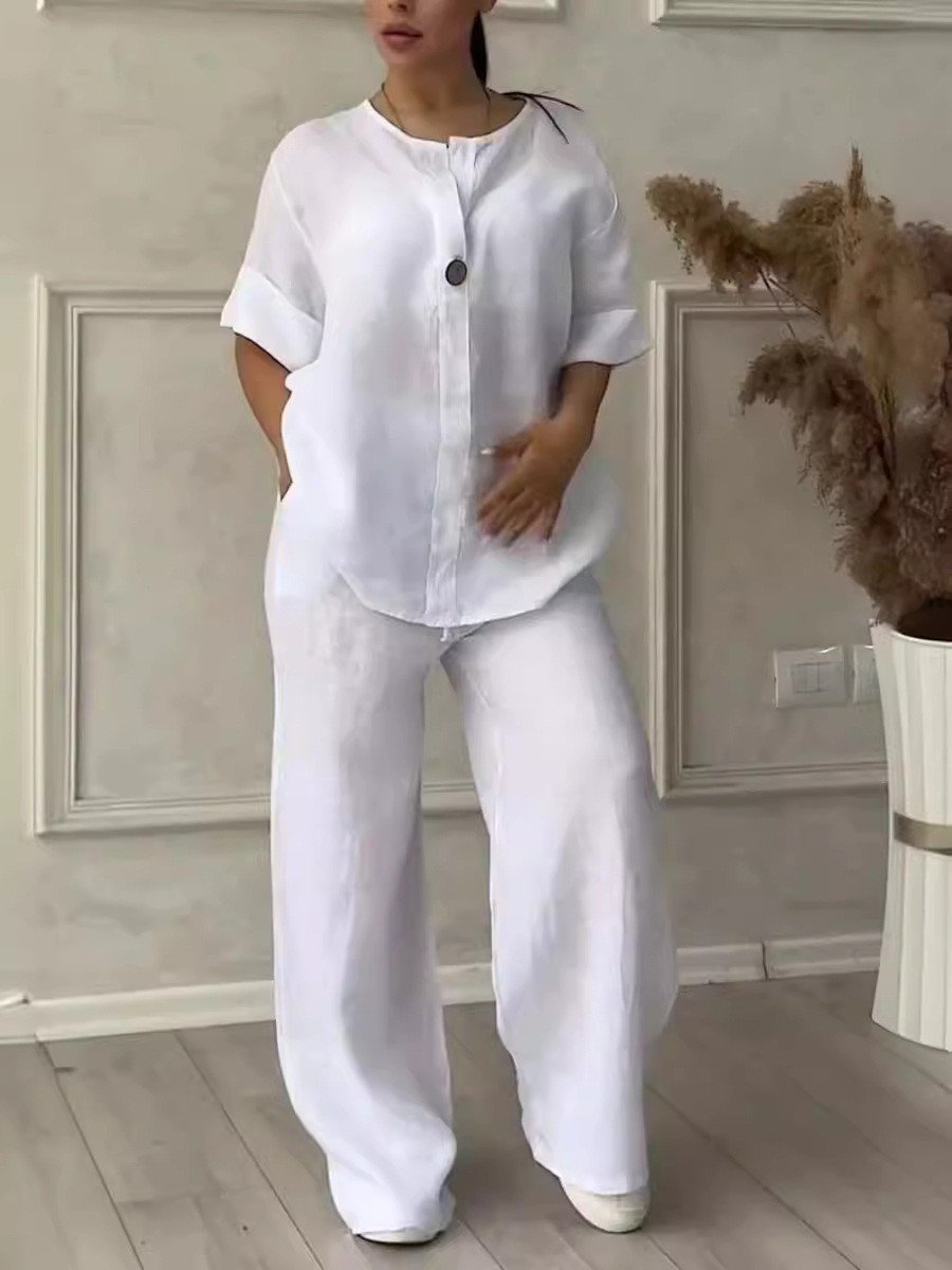 inostorTM-Women Casual button decorated cotton and linen two-piece set