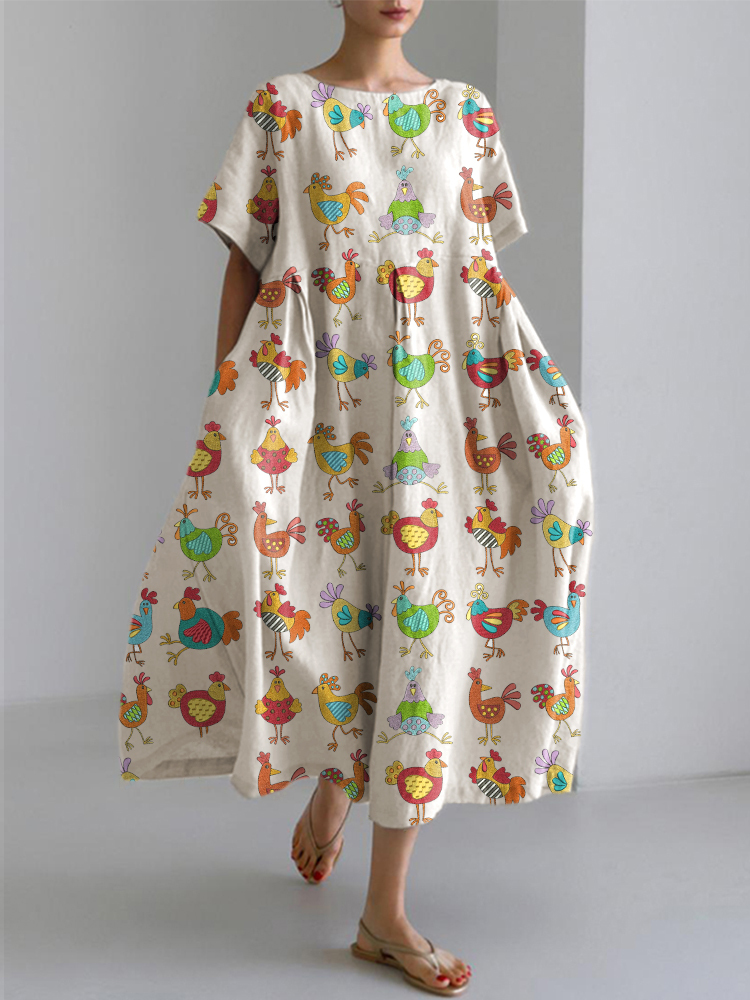 Funny Chicken Embroidery Pattern Linen Blend Dress