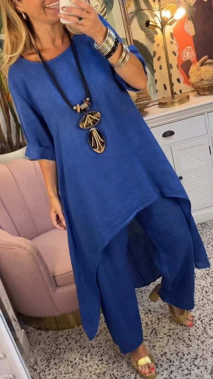 🔥Two-piece suit in cotton and linen, with a round neckline and long sleeves