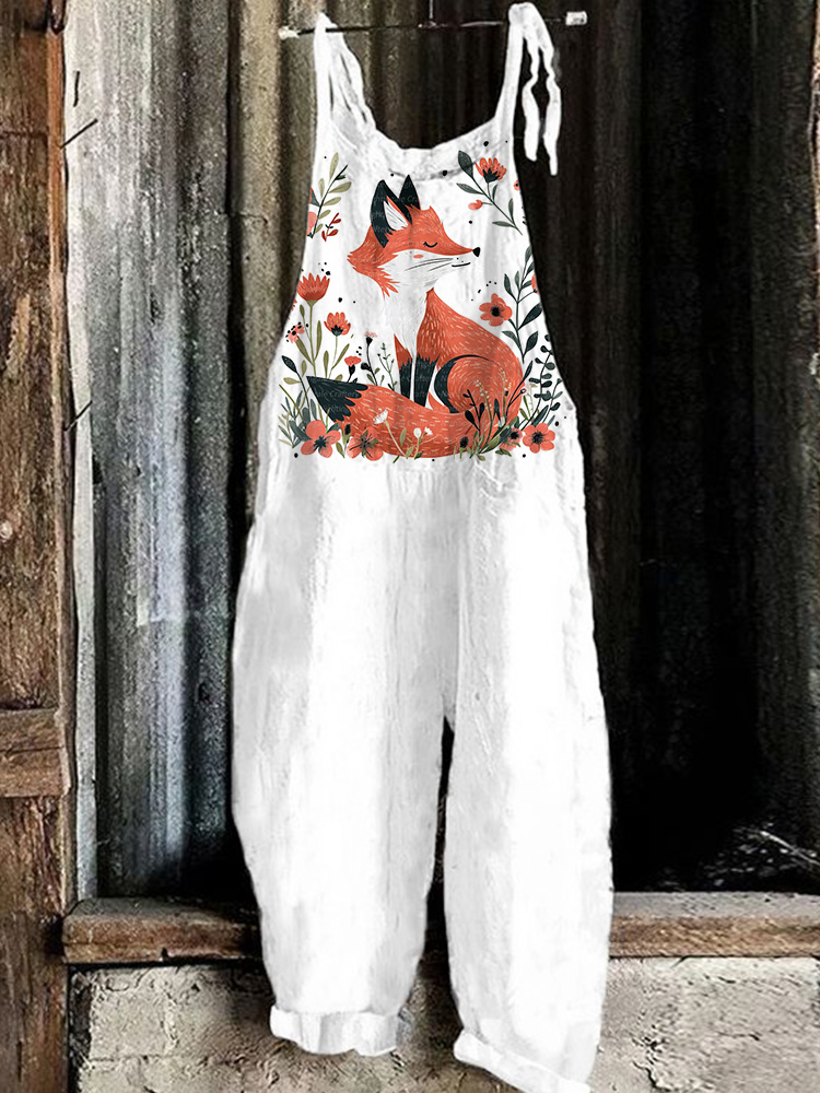 Farm Style Fox Print Casual Jumpsuit