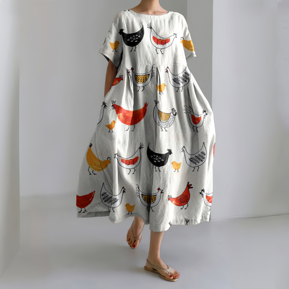 Farm Chicken Pattern Linen Blend Dress