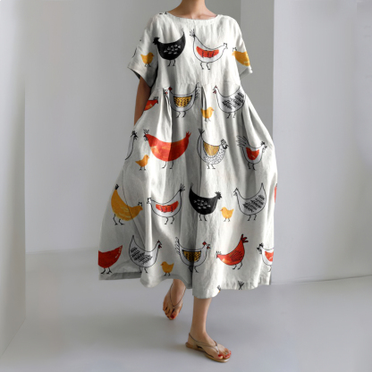 Farm Chicken Pattern Linen Blend Dress