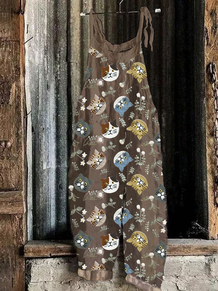 Cat Embroidered Art Linen Blend Casual Jumpsuit