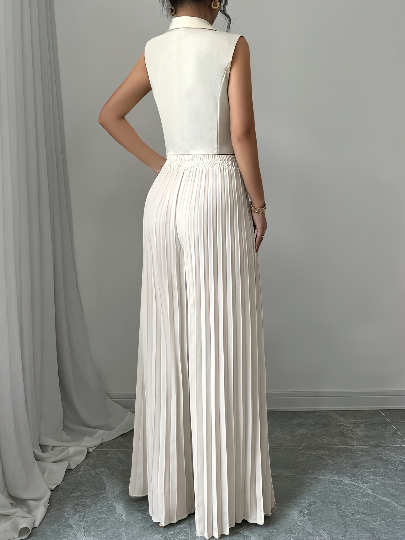 Elegant Solid Color Blazer & Pleated Wide-Leg Pants Set for Women - Machine Washable,