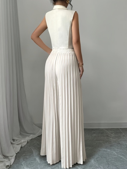 Elegant Solid Color Blazer & Pleated Wide-Leg Pants Set for Women - Machine Washable,