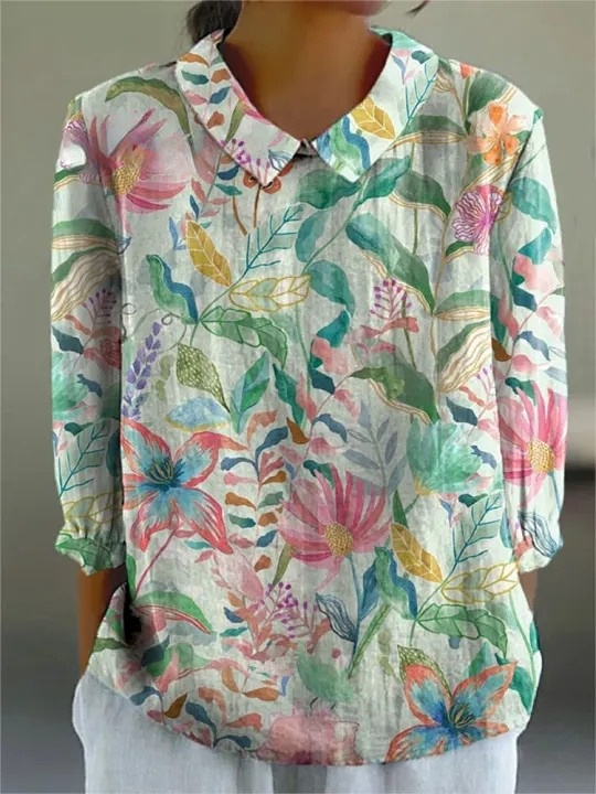 Tranquil Watercolor Summer Floral Pattern Printed Women's Casual Cotton And Linen 3/4 Sleeve Shirt