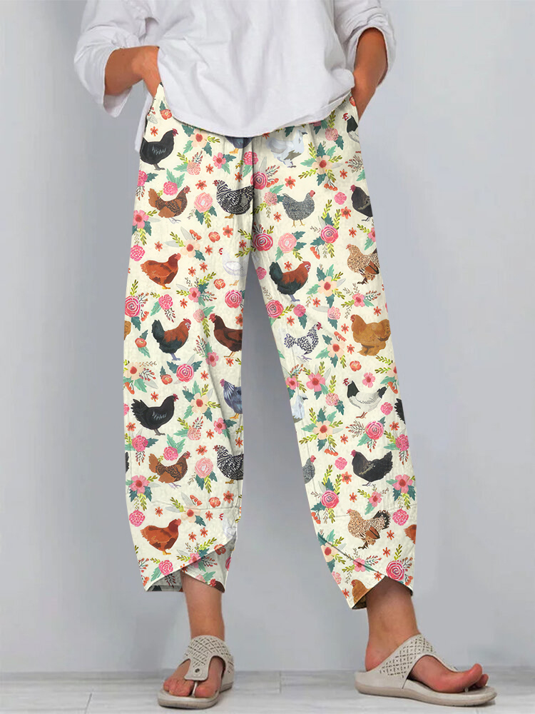 Farm Chicken And Floral Pattern Loose Casual Pants