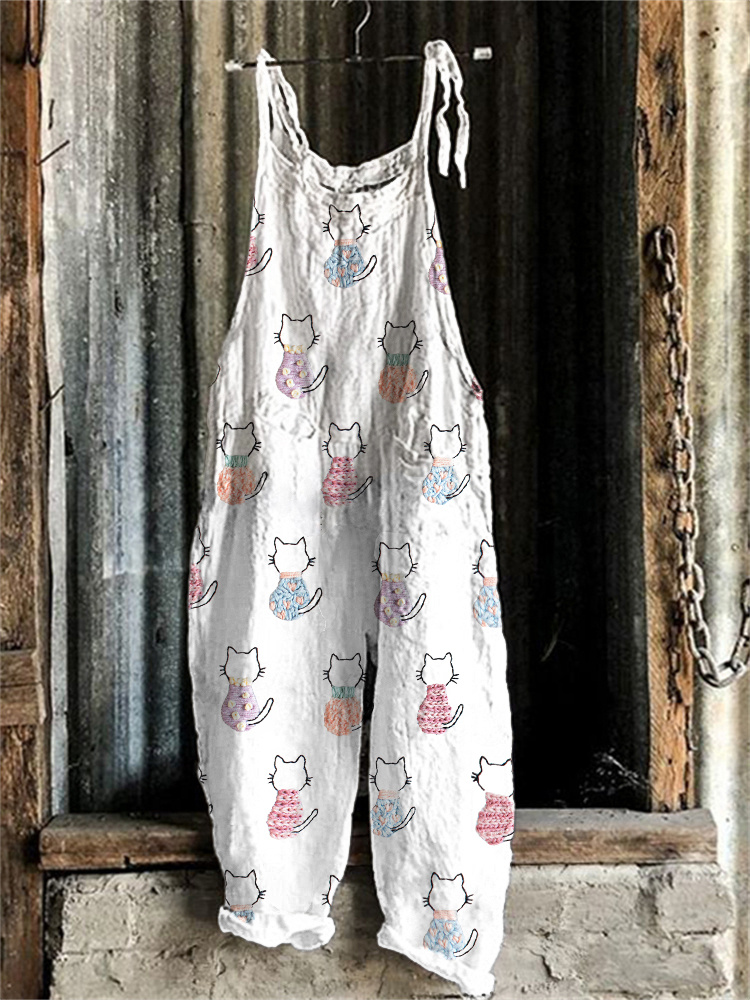 Cute Cat Embroidery Pattern Linen Blend Casual Jumpsuit